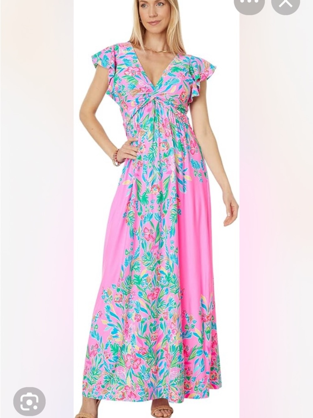 Lilly Pulitzer Pink Floral V‑Neck Maxi Dress with Green & Blue Print